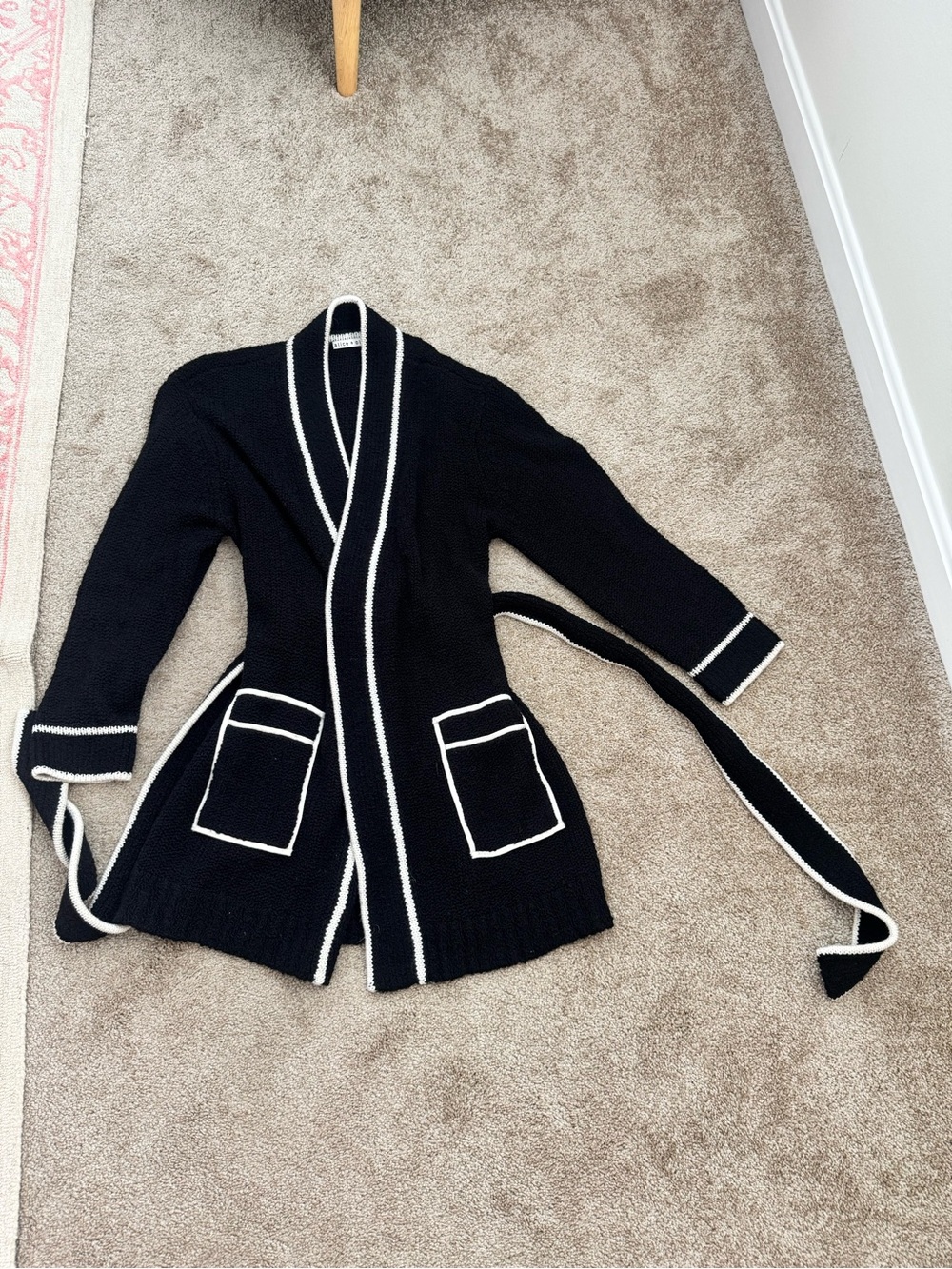 Alice + Olivia Black Knit Robe Cardigan with White Trim